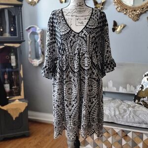 Akemi + Kin Boho Black and White See-Through Eyelet Swing Midi Dress Size 10